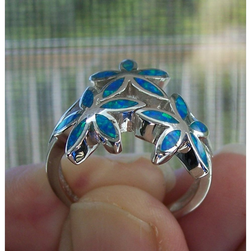 925 STERLING SILVER Lab Created Blue Fire Opal Hawaiian Plumeria Ring - Picture 8 of 16